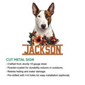 Custom Bull Terrier cut metal sign shown with floral portrait artwork and product feature details