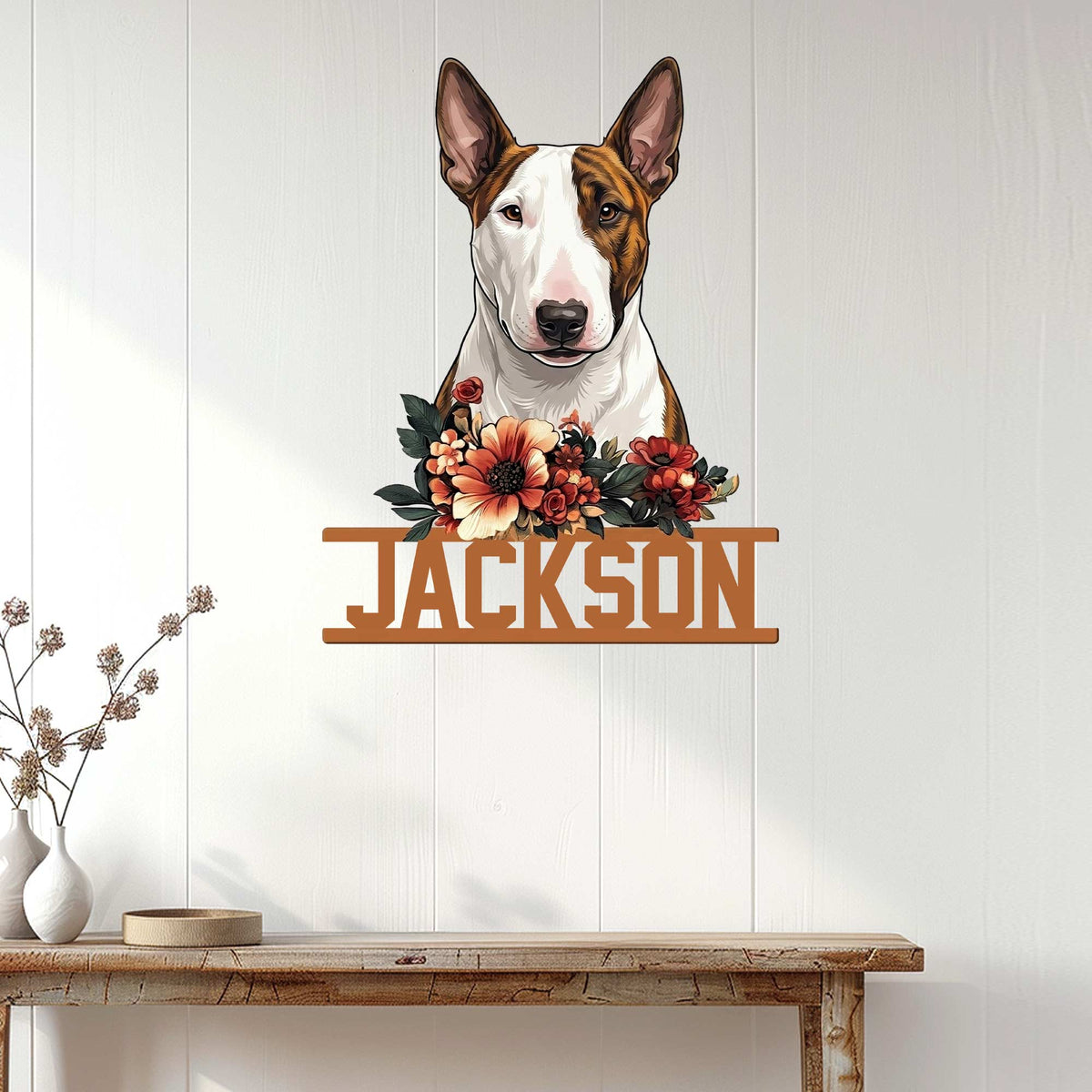Bull Terrier floral metal sign displayed as wall decor against a bright white wood-paneled interior