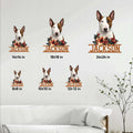 Bull Terrier metal sign size guide showing multiple square size options in a home decor setting
