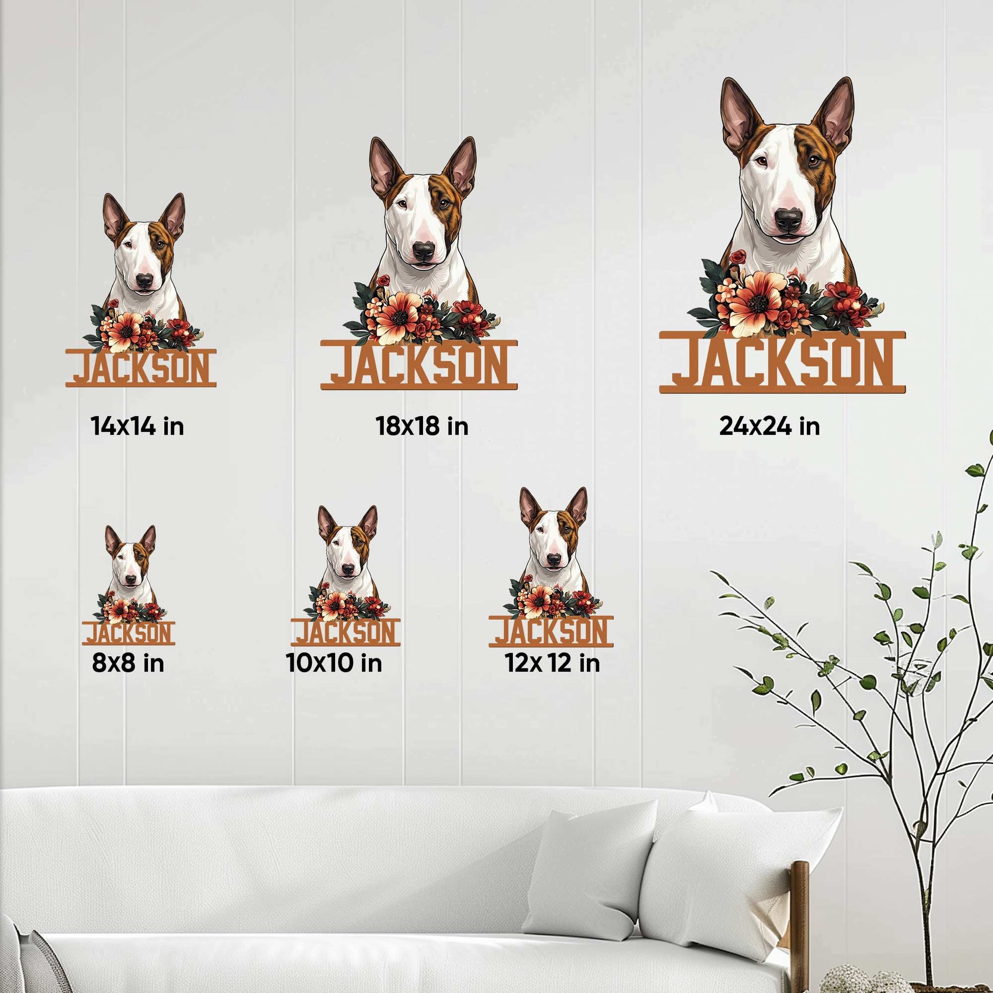 Bull Terrier metal sign size guide showing multiple square size options in a home decor setting