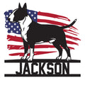 Patriotic Bull Terrier metal sign featuring a black and white dog silhouette over a red, white, and blue flag