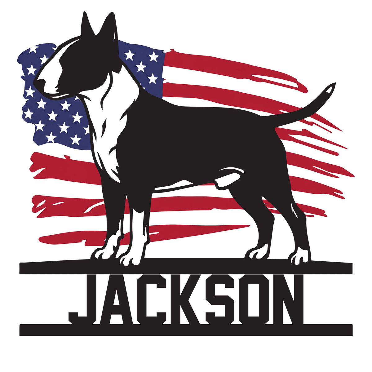 Patriotic Bull Terrier metal sign featuring a black and white dog silhouette over a red, white, and blue flag
