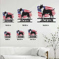 Bull Terrier metal sign size guide showing six available square dimensions in a home decor setting