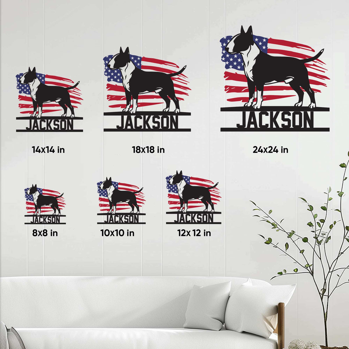 Bull Terrier metal sign size guide showing six available square dimensions in a home decor setting