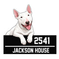Custom Bull Terrier metal sign featuring a cheerful white dog portrait over a bold black plaque