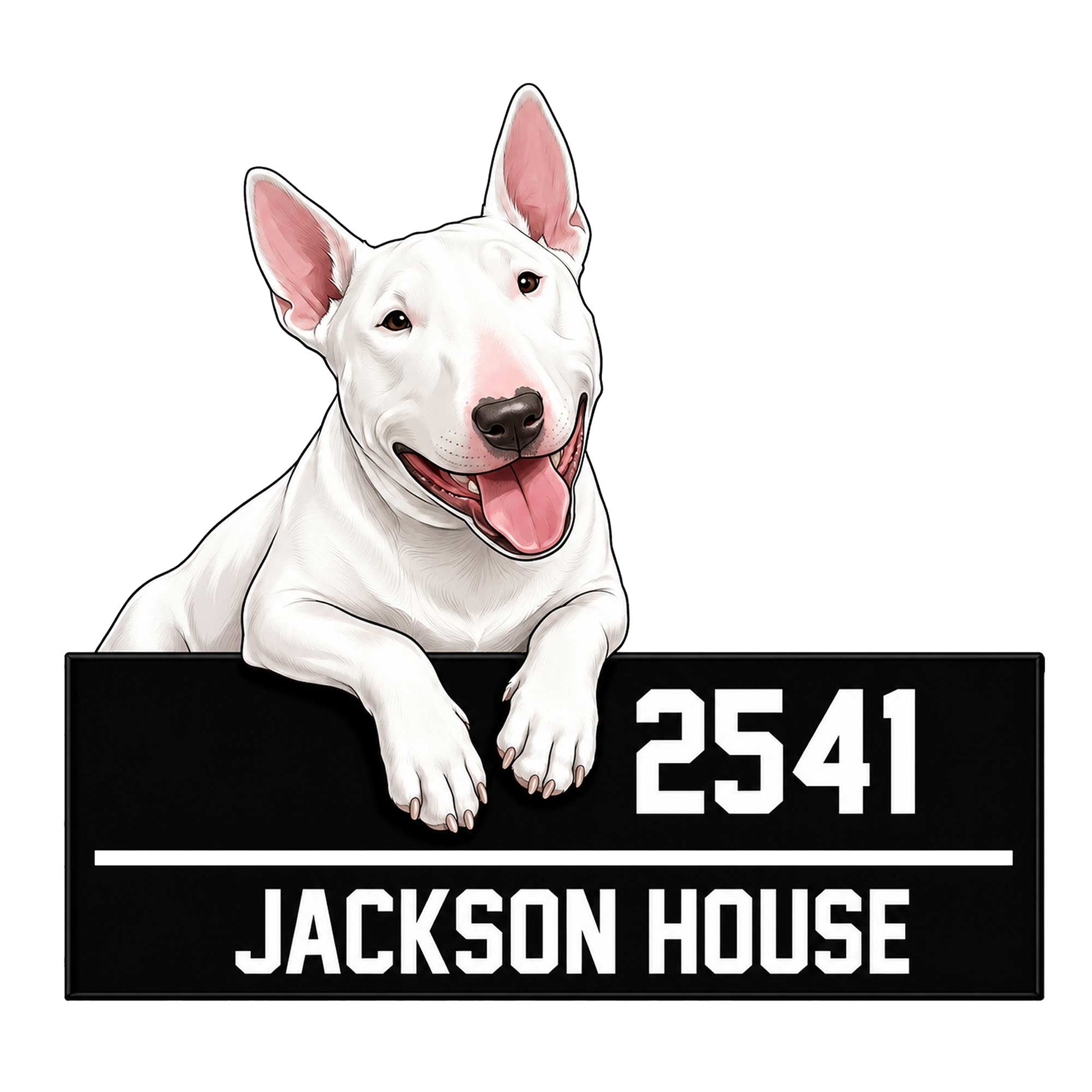 Custom Bull Terrier metal sign featuring a cheerful white dog portrait over a bold black plaque