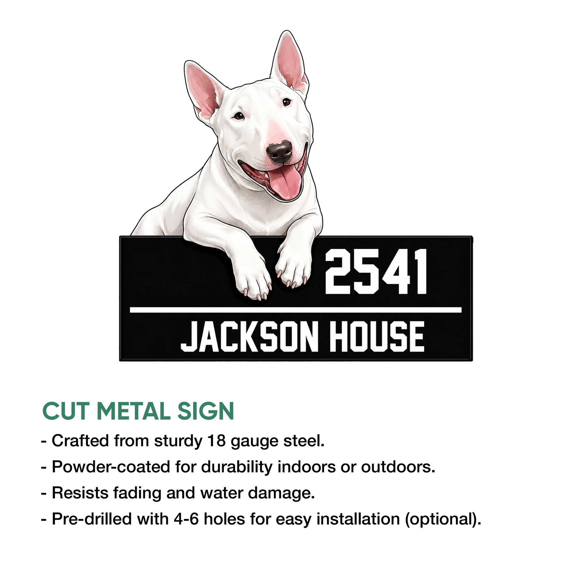 Bull Terrier metal sign product graphic showing the cut metal design and available size options