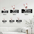 Bull Terrier metal sign size guide showing multiple square size options in a home setting