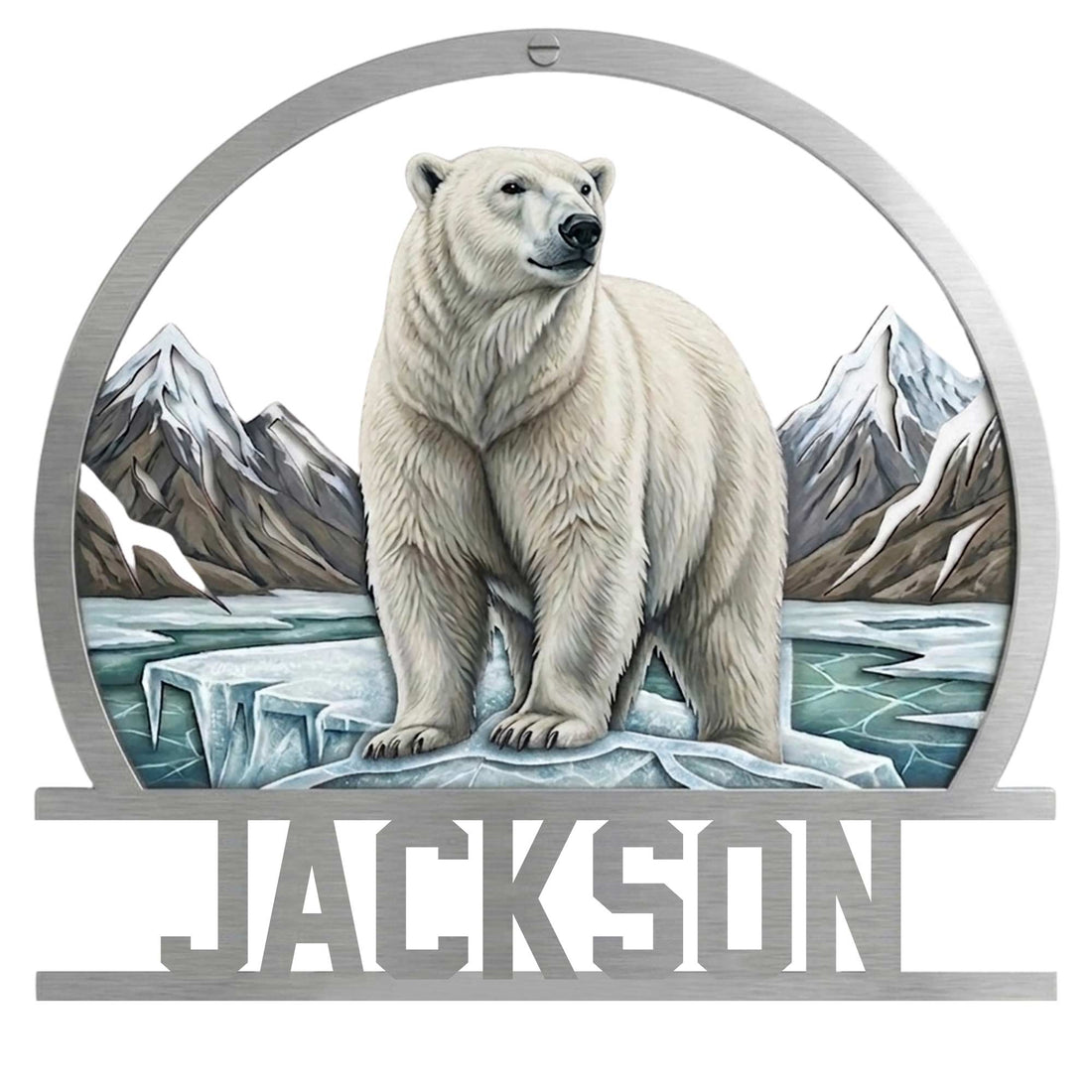 Polar bear metal sign with an arctic mountain landscape, icy water, and a circular wildlife design