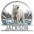 Polar bear metal sign with an arctic mountain landscape, icy water, and a circular wildlife design