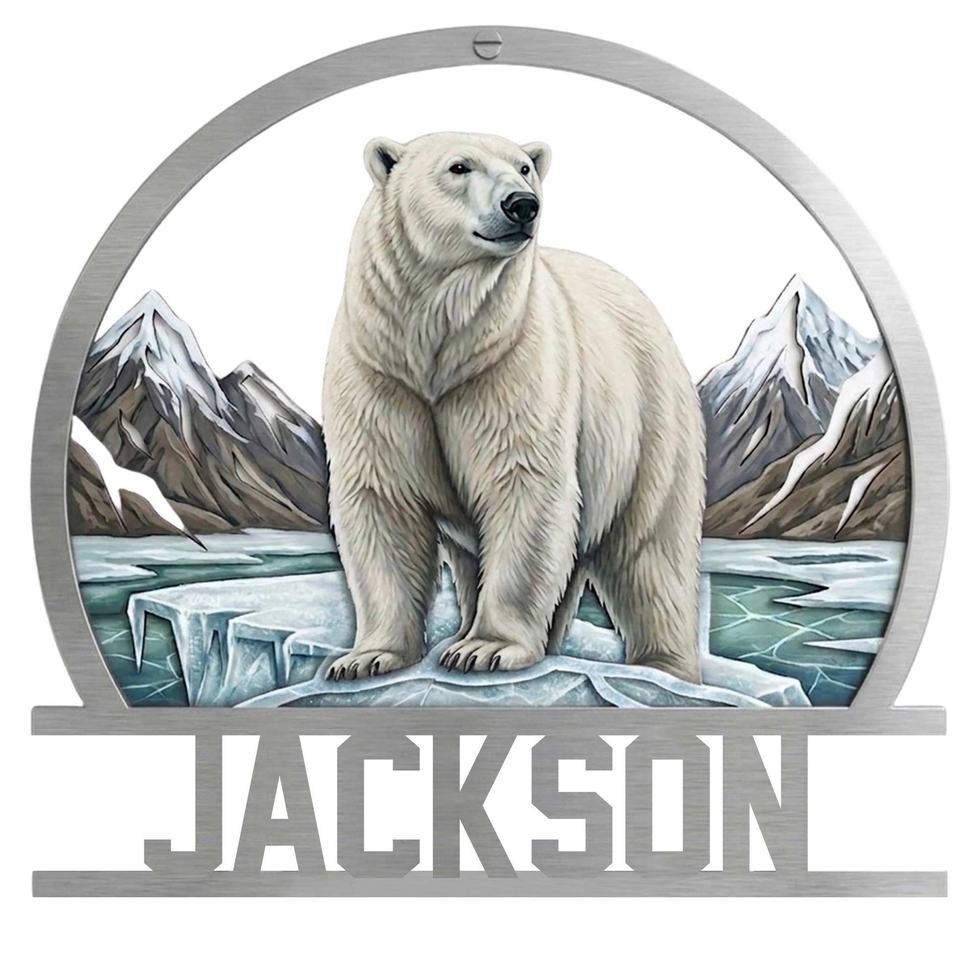 Polar bear metal sign with an arctic mountain landscape, icy water, and a circular wildlife design