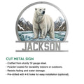 Polar bear cut metal sign shown in a product feature graphic with an arctic landscape design