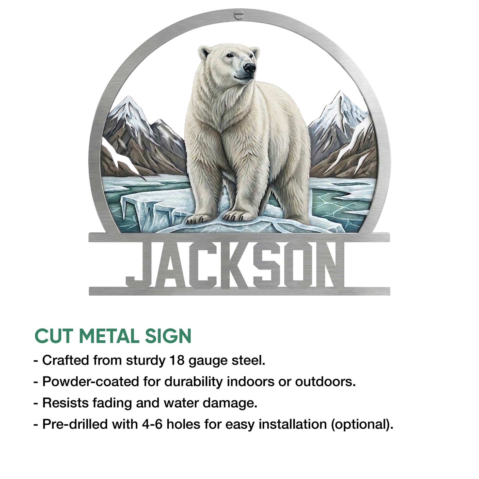 Polar bear cut metal sign shown in a product feature graphic with an arctic landscape design