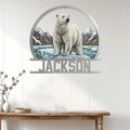 Polar bear wall sign displayed on a light paneled wall above a rustic console table
