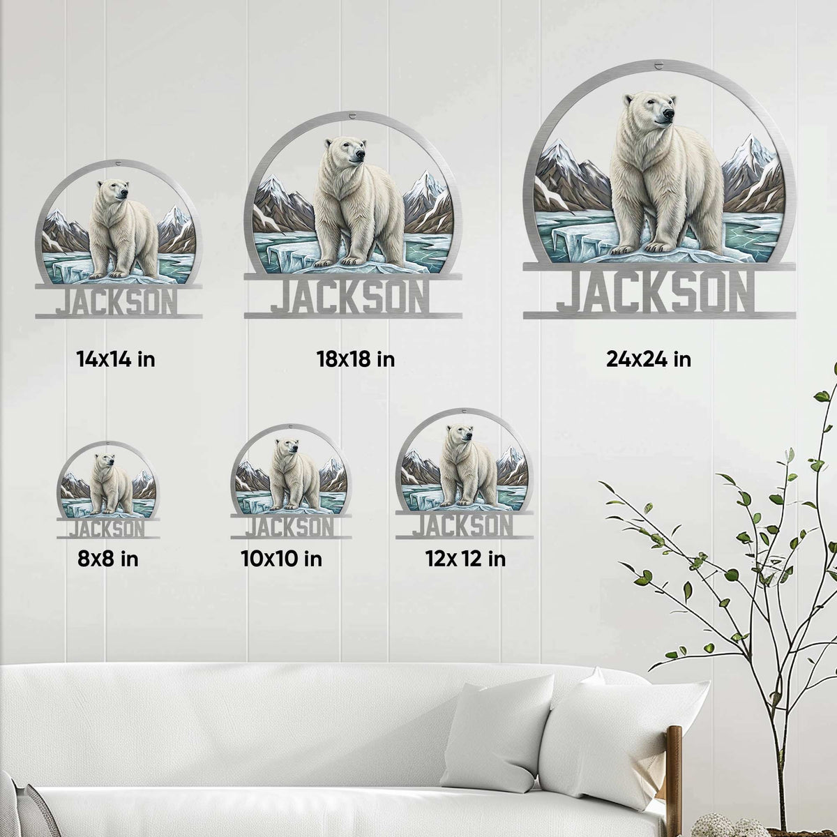 Polar bear metal sign size guide showing available dimensions from 8 by 8 to 24 by 24 inches