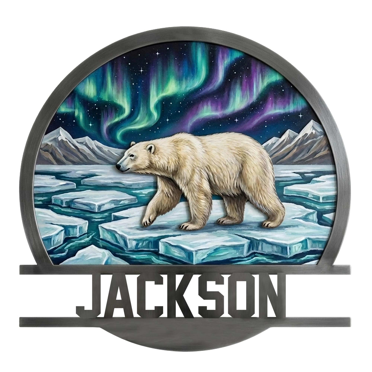 Custom polar bear metal sign showing an Arctic scene with ice floes, mountains, stars, and colorful northern lights