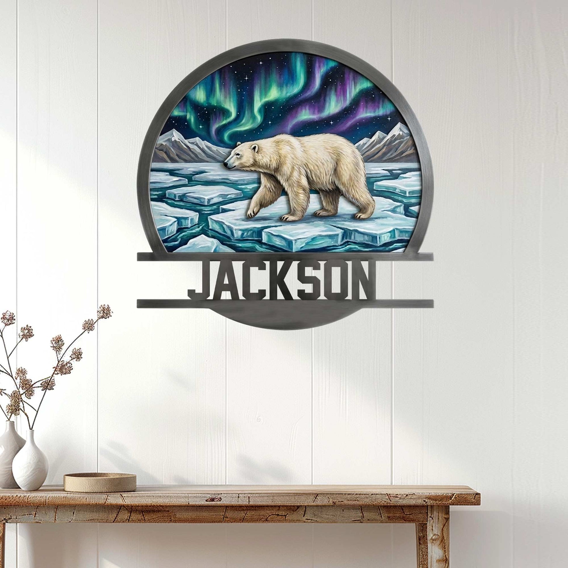 Polar bear wall sign displayed above a console table, featuring ice floes, snowy mountains, and northern lights