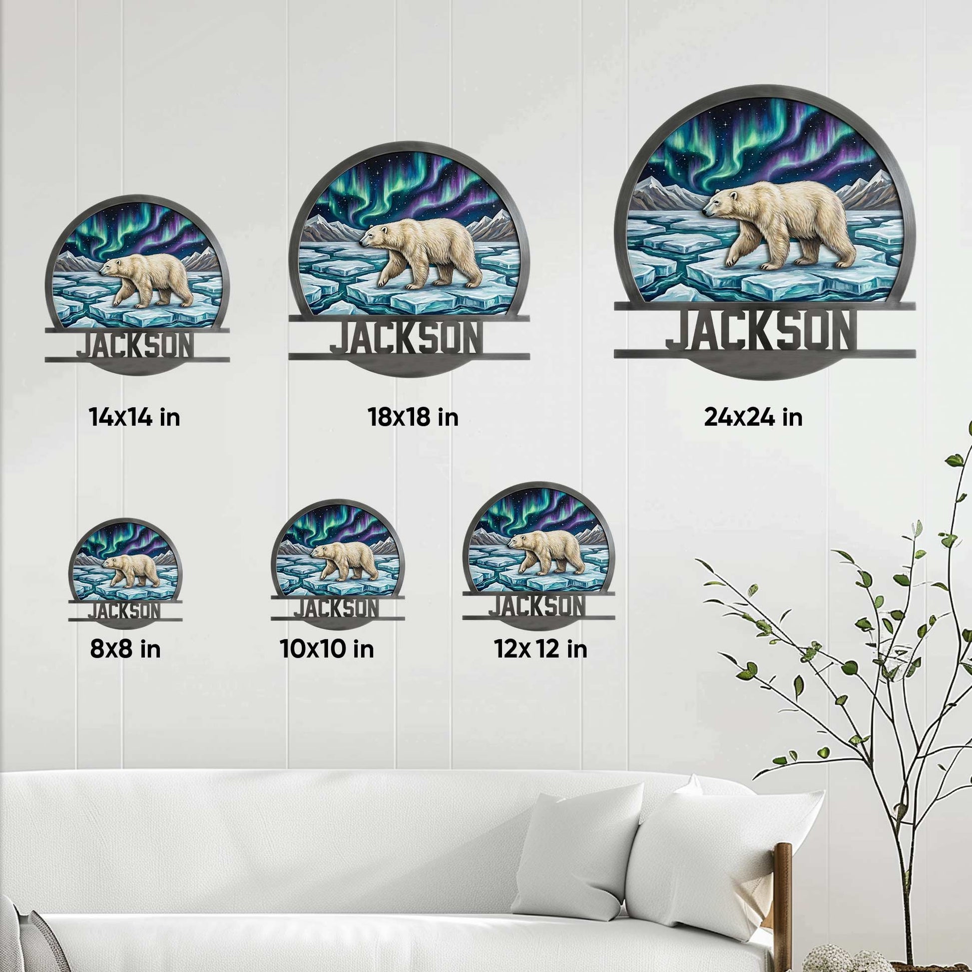 Polar bear metal sign size guide showing 8, 10, 12, 14, 18, and 24 inch display options