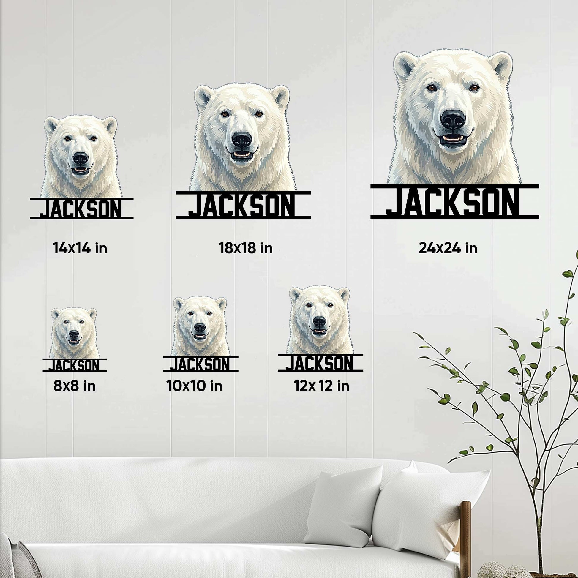 Polar bear metal sign shown in multiple available sizes in a bright living room setting