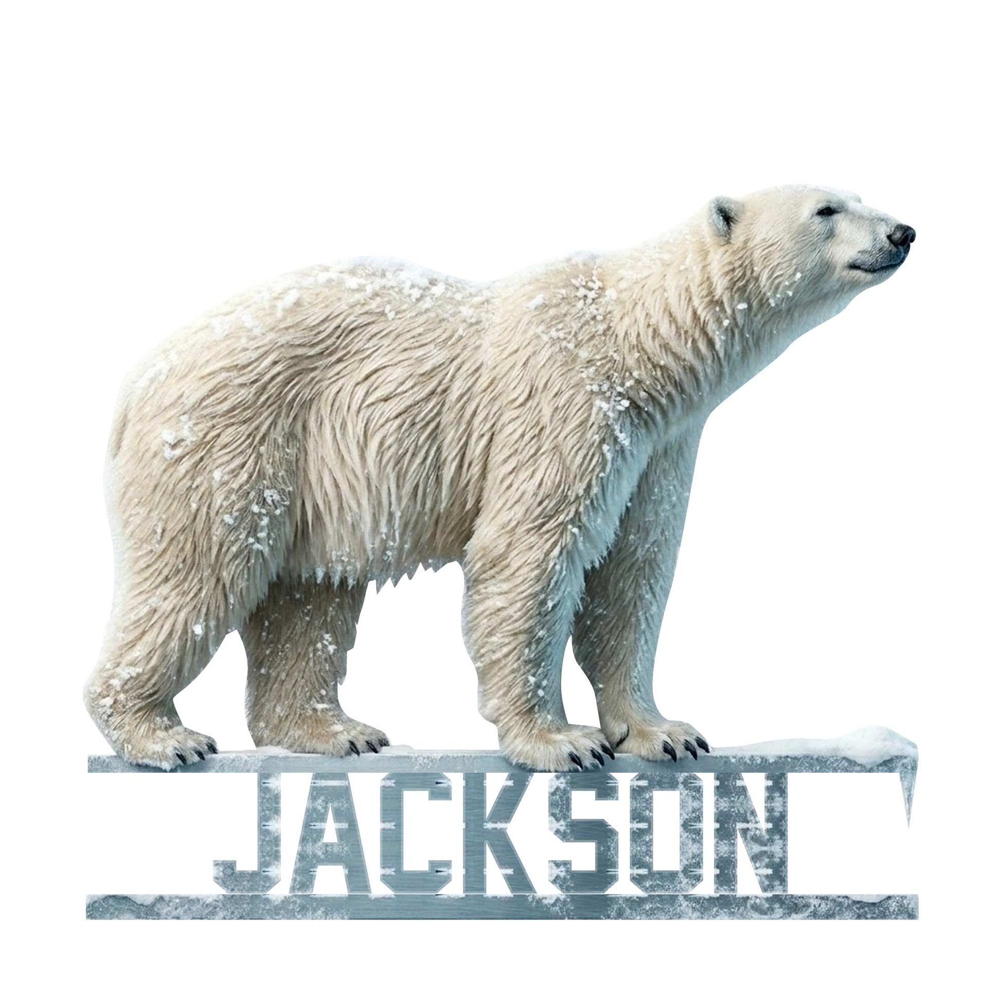 Polar bear metal sign with a realistic snowy bear standing on an icy ledge