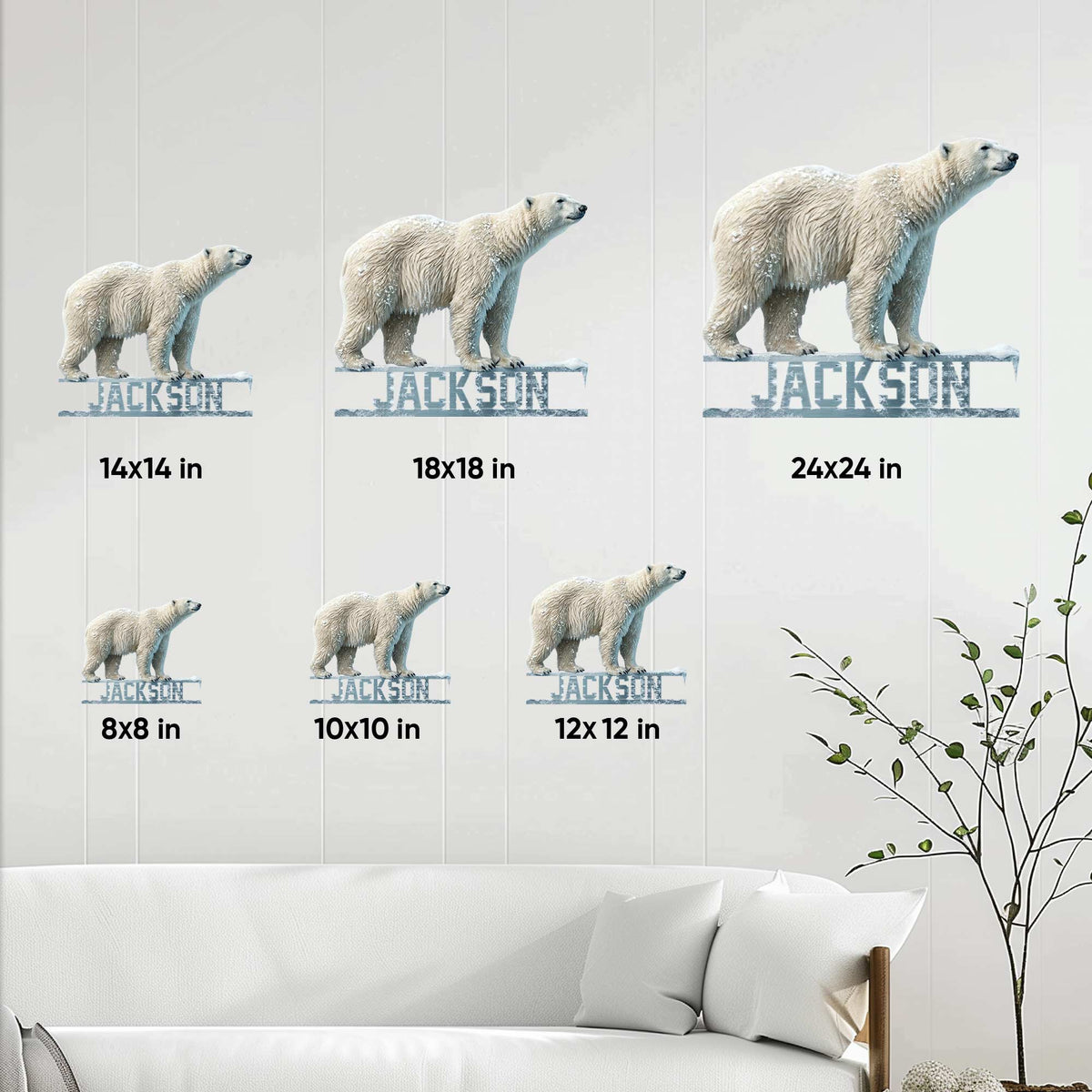 Polar bear metal sign size guide showing six available square size options