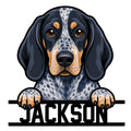 Custom Bluetick Coonhound metal sign featuring a colorful dog portrait peeking over a bold name design