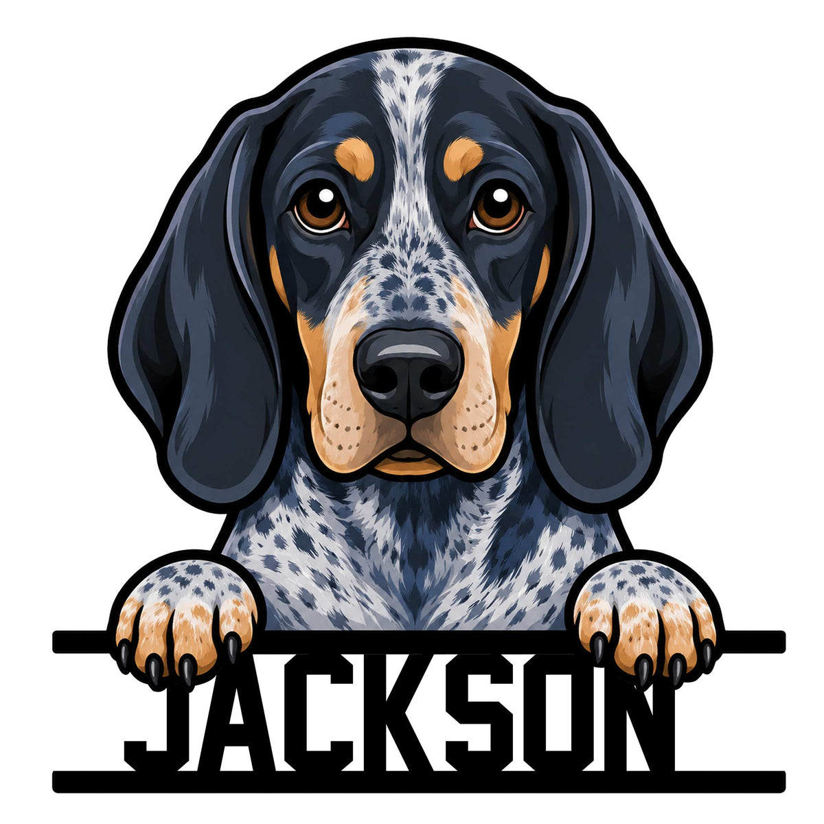 Custom Bluetick Coonhound metal sign featuring a colorful dog portrait peeking over a bold name design