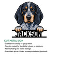 Bluetick Coonhound cut metal sign product graphic showing the dog portrait and sign features