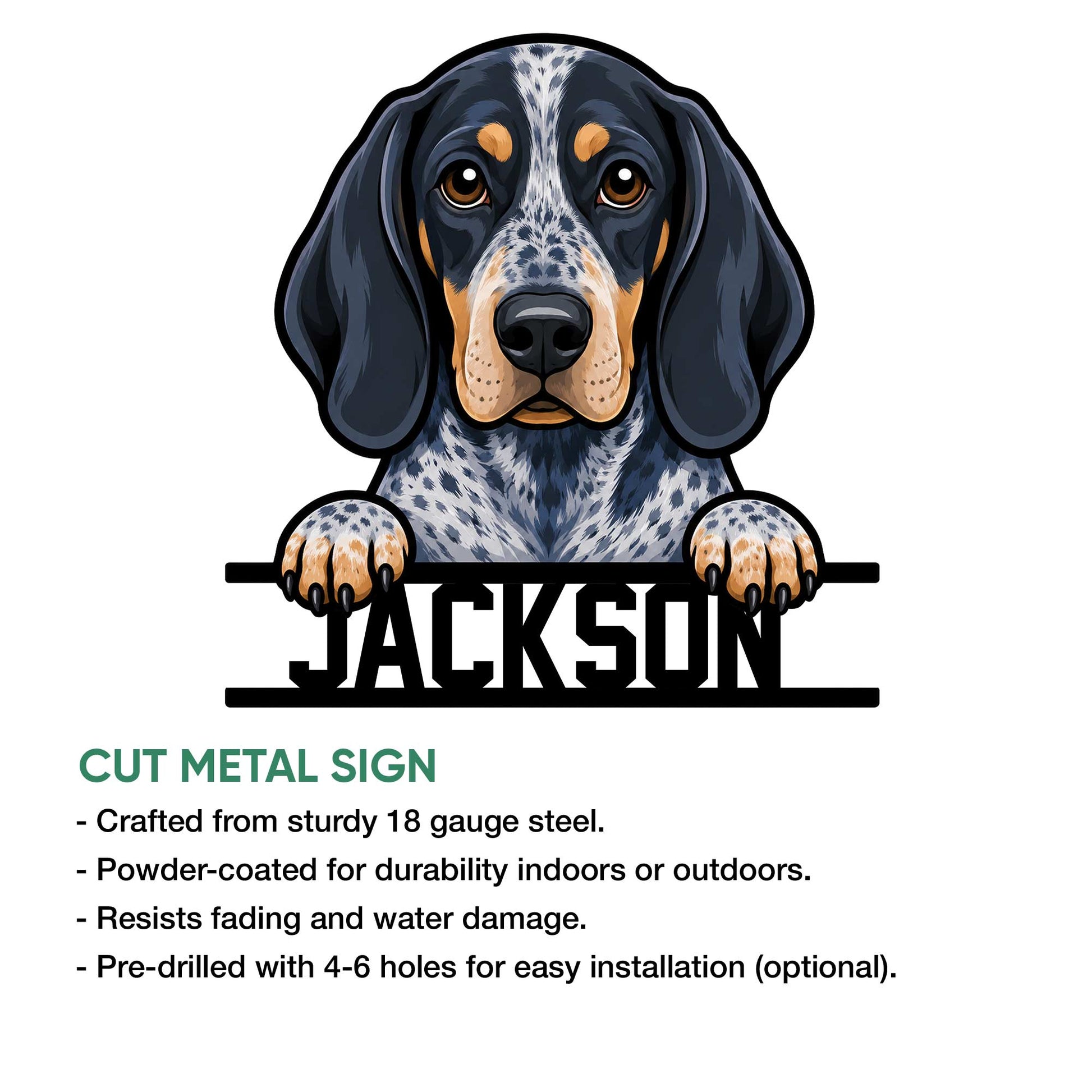 Bluetick Coonhound cut metal sign product graphic showing the dog portrait and sign features