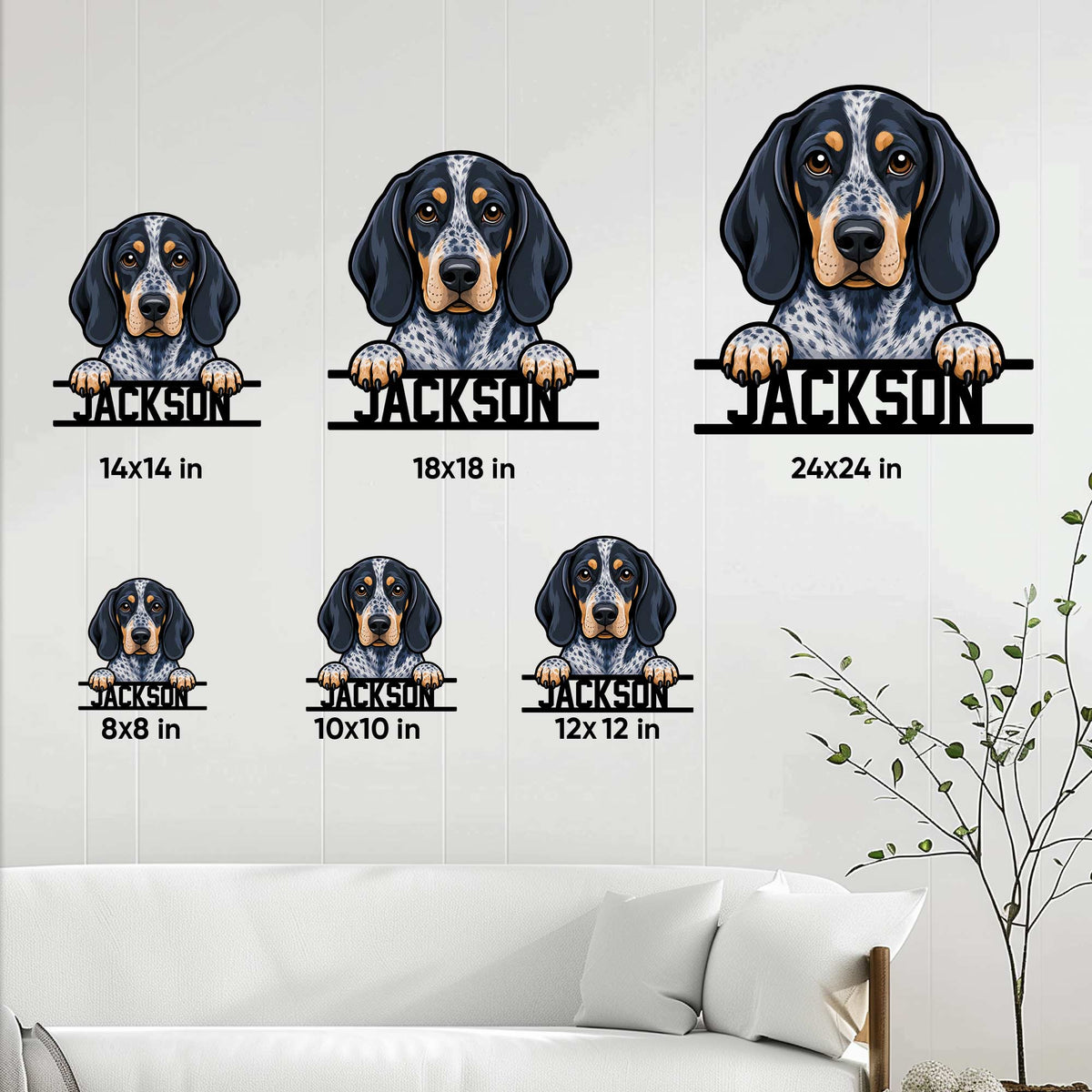 Bluetick Coonhound metal sign size guide showing available sizes from 8 by 8 to 24 by 24 inches