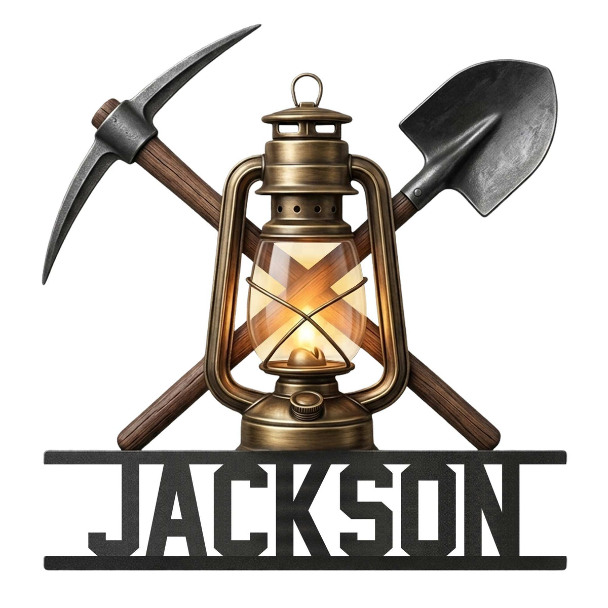 Coal miner metal sign featuring a vintage lantern with crossed pickaxe and shovel