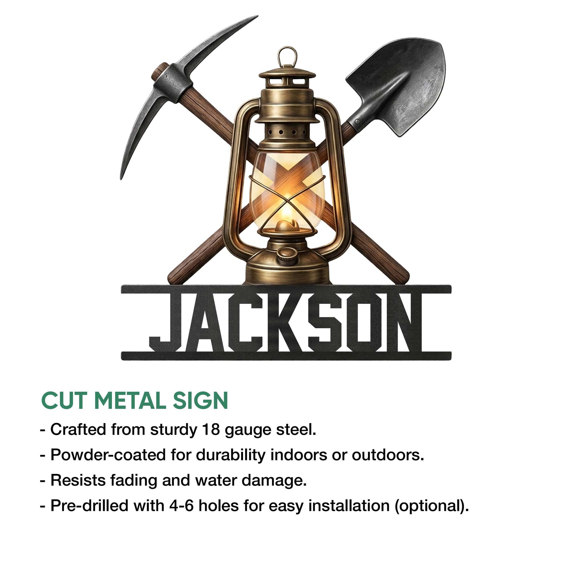 Coal mining cut metal sign showcasing a lantern, pickaxe, and shovel design