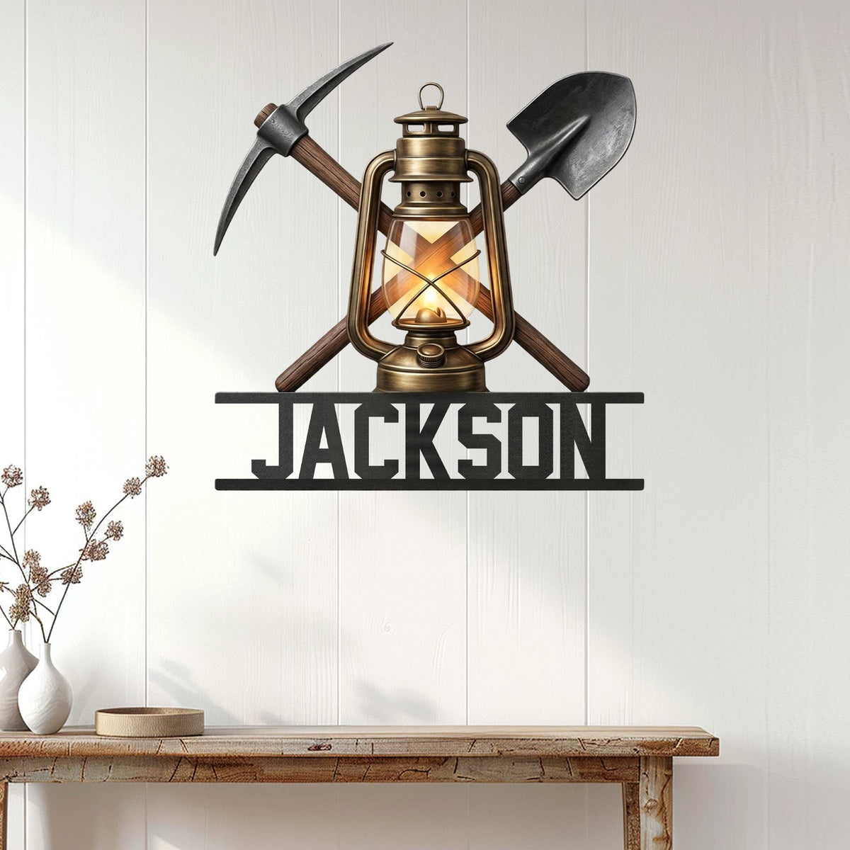 Coal miner wall sign displayed on a light wood wall above a rustic console table
