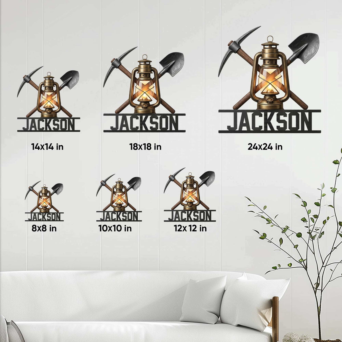 Coal miner metal sign size guide showing available square dimensions from 8 by 8 to 24 by 24 inches