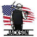 Custom coal miner metal sign featuring a helmeted miner with pickaxe against a patriotic American flag design