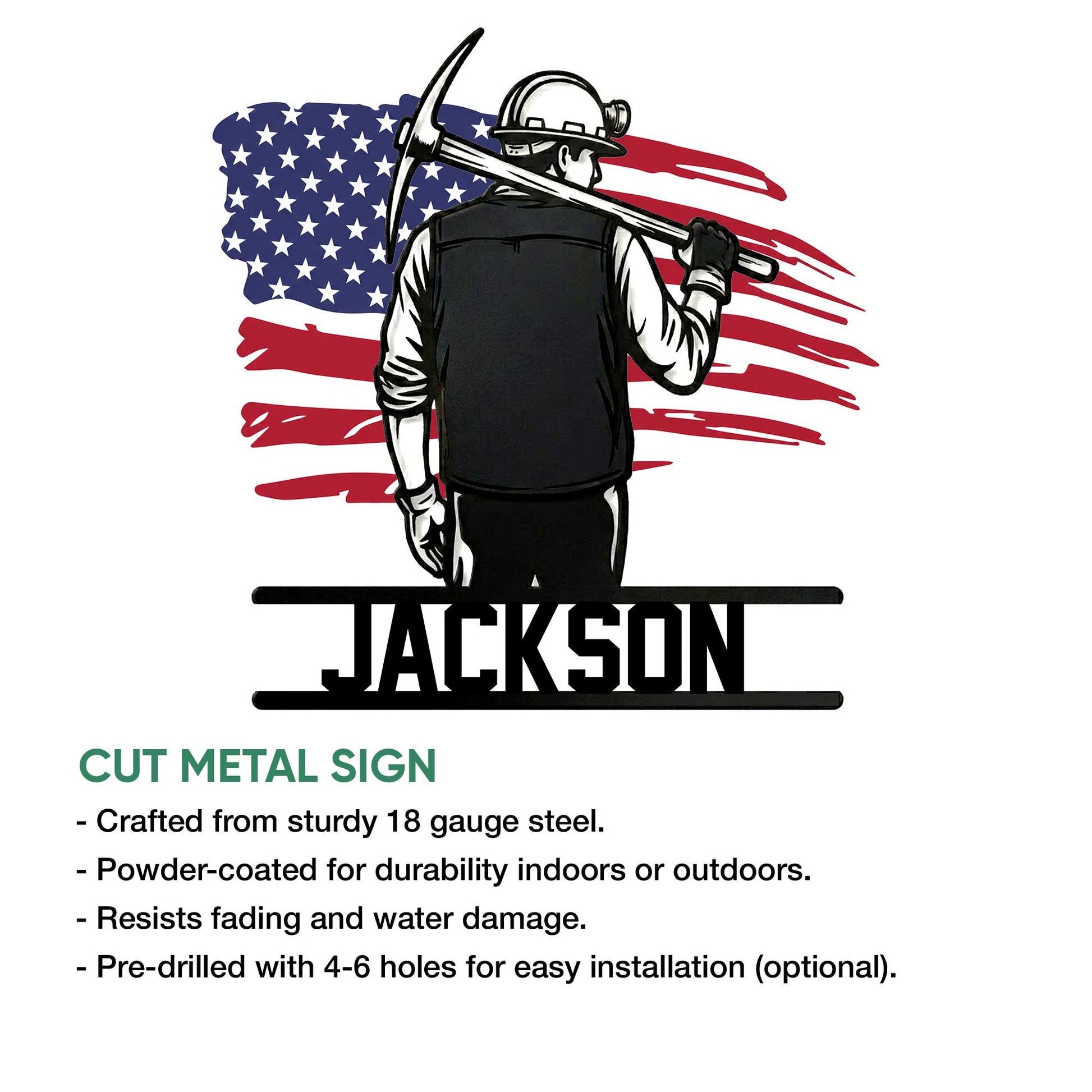 Coal miner metal sign product graphic showing the patriotic miner artwork and cut-metal sign features