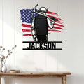 Patriotic coal miner wall sign displayed on a light wood-paneled wall above a console table