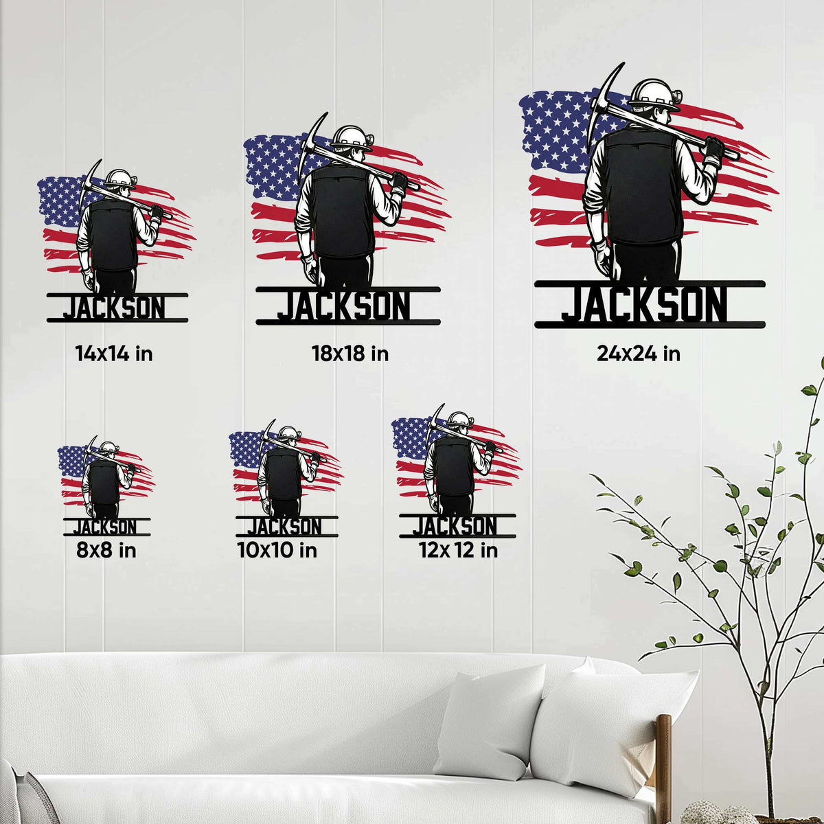 Coal miner metal sign size guide showing available square sizes from 8 by 8 to 24 by 24 inches