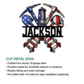 Coal mining metal sign shown with crossed mining tools, helmet, safety lamp, and cut-metal product details