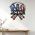 Coal miner wall sign displayed on a white paneled wall above a rustic wooden console table