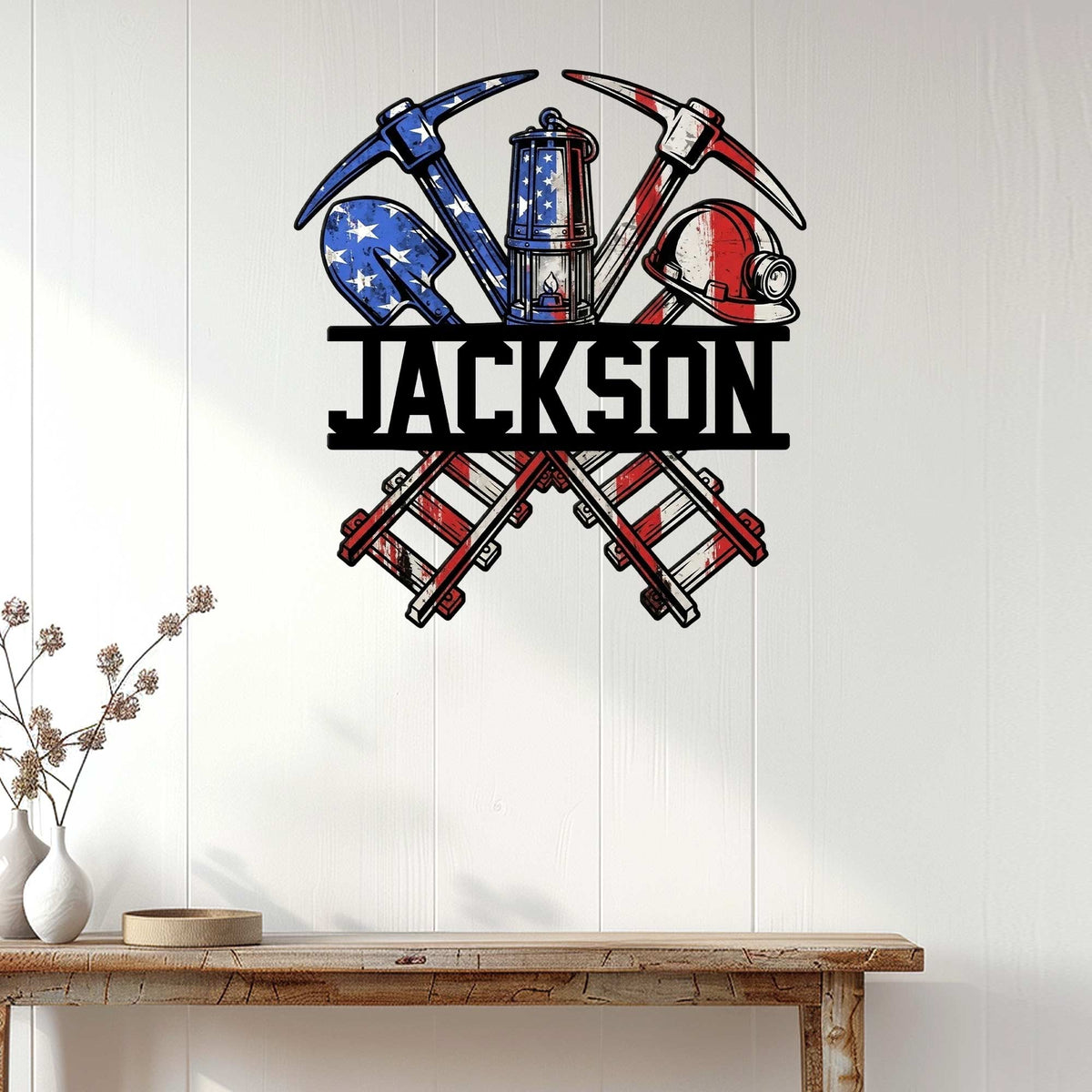 Coal miner wall sign displayed on a white paneled wall above a rustic wooden console table