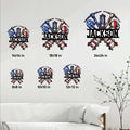 Coal mining metal sign shown in multiple size options on a living room wall for scale