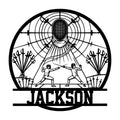 Fencing metal sign featuring a masked fencer, crossed swords, target rings, and piste lines