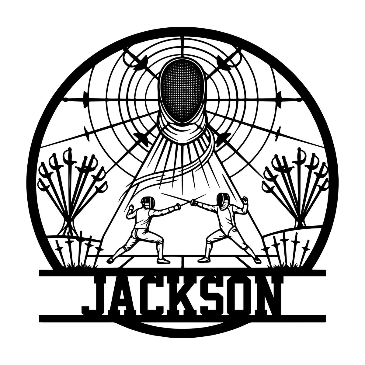 Fencing metal sign featuring a masked fencer, crossed swords, target rings, and piste lines