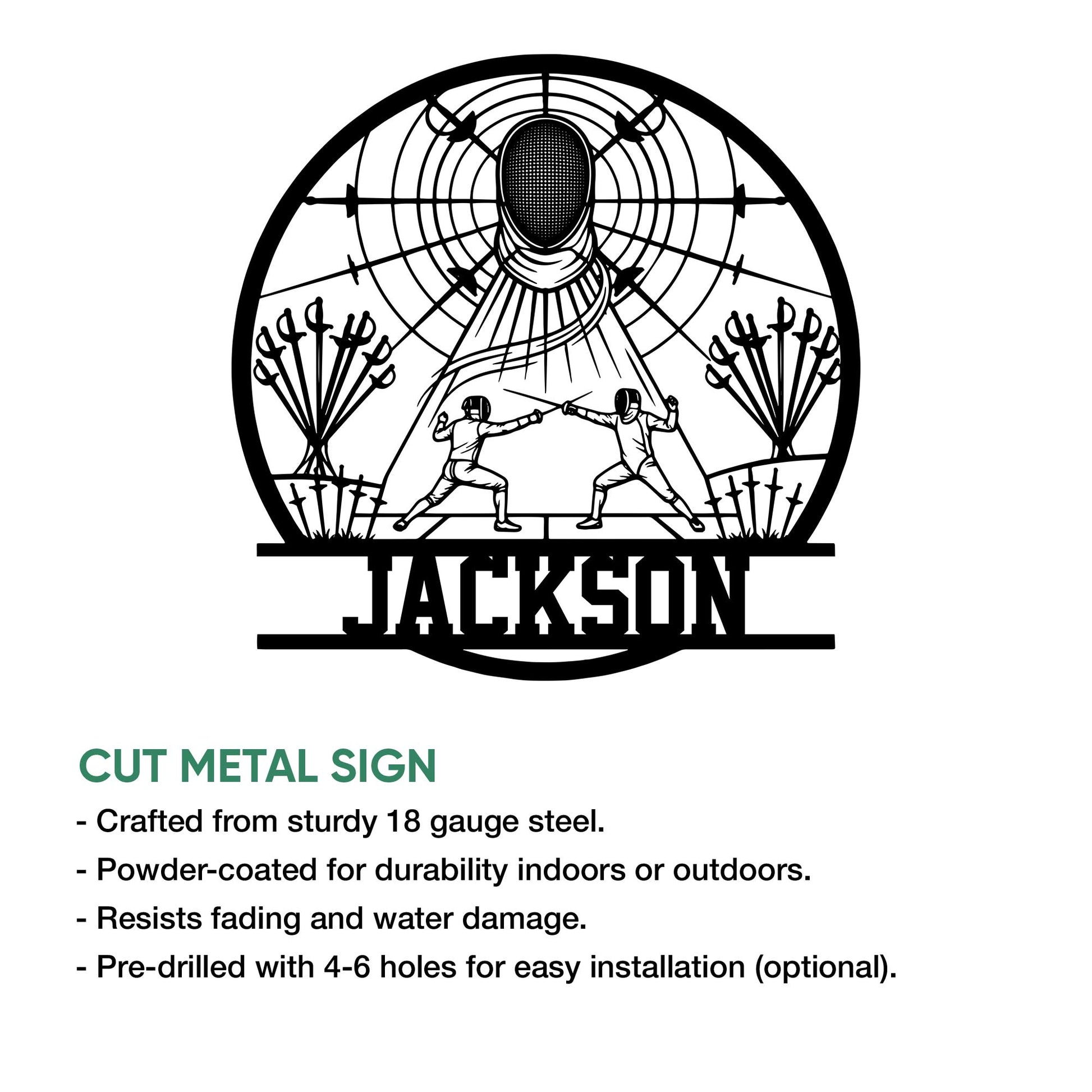 Fencer wall sign design shown as a cut metal piece with a dramatic fencing competition scene