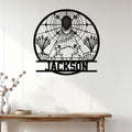 Fencing metal sign displayed on a white paneled wall above a console table
