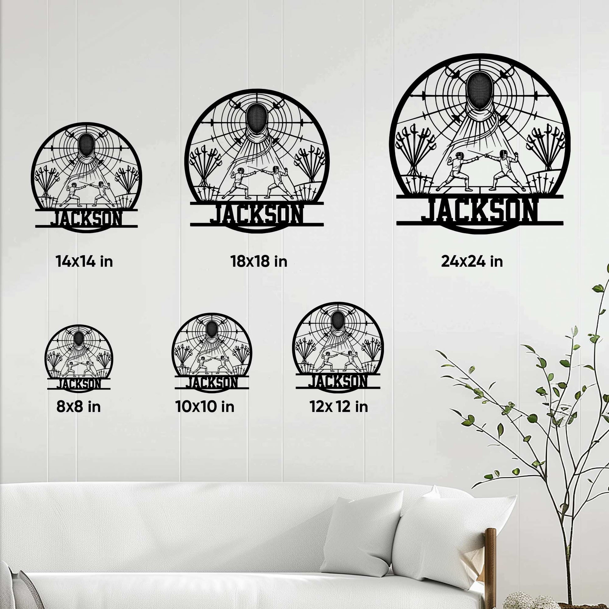 Fencing wall sign size guide showing available square sizes from 8 by 8 to 24 by 24 inches