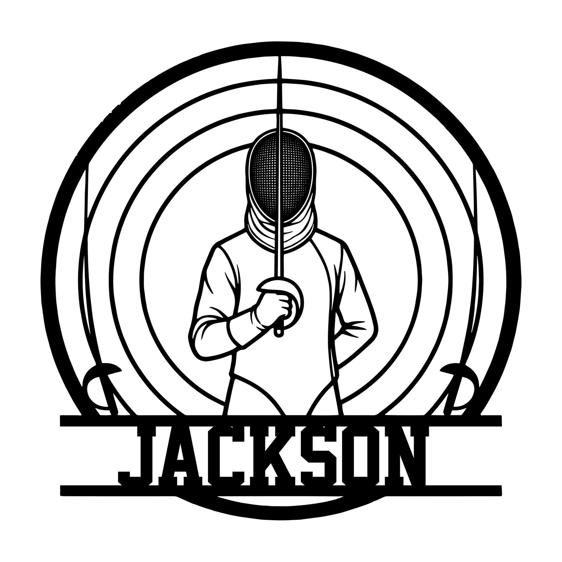 Fencing metal sign featuring a masked fencer holding a foil within concentric target rings