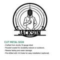 Fencer wall sign shown with a cut metal sign feature guide and black line artwork