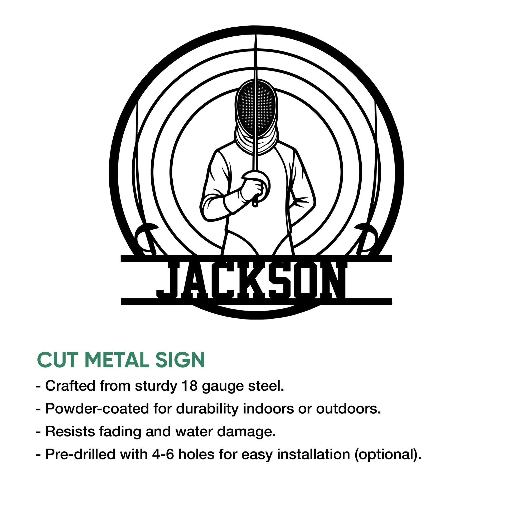 Fencer wall sign shown with a cut metal sign feature guide and black line artwork